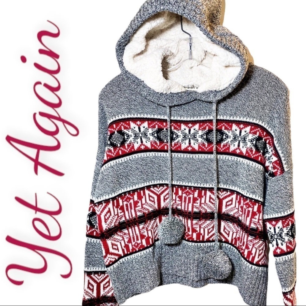 YET AGAIN Cozy‎ Cropped Fleece Pom Pom Winter Snowflake Sweater, Large (Juniors)
